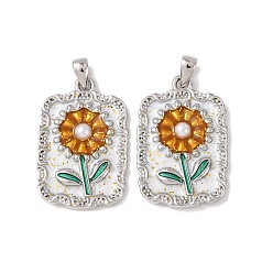 Платина Латунь эмаль подвески, с abs имитационными жемчужными бусинами , прямоугольник с цветочными подвесками, без кадмия и без свинца, стойки покрытие, долговечный, с целью перехода в кольце, платина, 24x16x3.5 мм, отверстие : 4.5x2.5 мм