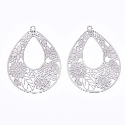Stainless Steel Color 304 Stainless Steel Filigree Pendants, Etched Metal Embellishments, Teardrop with Leaf, Stainless Steel Color, 38.5x30x0.3mm, Hole: 1.6mm