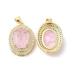 Pink Real 16K Gold Plated Brass Micro Pave Cubic Zirconia Pendants, with Glass, Oval Charms, Pink, 23x17x8mm, Hole: 5x3.5mm
