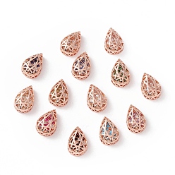 Mixed Color Rack Plating Brass Micro Pave Cubic Zirconia Multi-strand Links, Cadmium Free & Lead Free, Teardrop, Rose Gold, Mixed Color, 14x9.5x5mm, Hole: 1.2mm