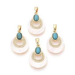 Настоящее золото 18K Подвески из искусственной бирюзы с белыми ракушками, Подвески в форме капли с латунными микропаве из прозрачных кубических цирконий., реальный 18 k позолоченный, 20.5x15x3.5~4 мм, отверстие : 5x2 мм
