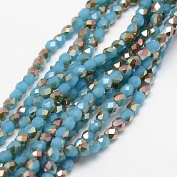 Deep Sky Blue Imitation Jade Electroplate Glass Beads Strands, Half Plated, Faceted, Cube, Deep Sky Blue, 4x4x4mm, Hole: 1mm, about 100pcs/strand, 15.7 inch