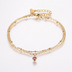 Роза 304 трос из нержавеющей стали цепи браслеты, многожильных браслеты, со стразами, застежка когтя омара, плоско-круглые, золотые, роза, 7-1/8 дюйм (180 мм), 1.5~2 мм