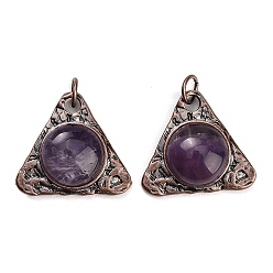 Amethyst Natural Amethyst Pendants, Alloy Triangle Bezeled Charms, Red Copper, 30x33.5x10mm, Hole: 6.3mm