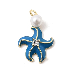 Настоящее золото 18K Латунные микропаве прозрачные подвески с фианитом, с эмалью и абс пластика имитация жемчуга, прелести морская звезда, без кадмия и без свинца, долговечный, стойки покрытие, реальный 18 k позолоченный, 24x17x7 мм, отверстие : 3.3 мм