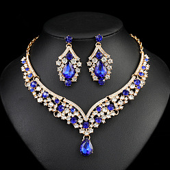 Капри Синий Ожерелья из сплава со стразами в форме капли и серьги-гвоздики в комплекте, золотые, Капри синий, 420 мм