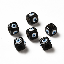 Black Resin Evil Eye European Beads, Large Hole Bead, Cube, Black, 12.5x14~14.5x14~14.5mm, Hole: 6mm