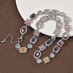 Платина Теннисные ожерелья из латуни с микропаве из прозрачных кубических цирконий и разноцветными камнями кошачий глаз в форме прямоугольника, квадрата, овала, стойки покрытие, долговечный, без кадмия и без свинца, платина, 16.73 дюйм (42.5 см)