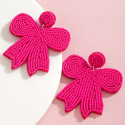 Темно-Розовый Подвесные серьги-гвоздики в виде бантика из стекла и ткани., темно-розовыми, 63x54 мм