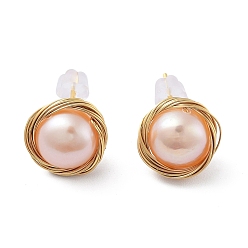 Real 14K Gold Plated Natural Pearl Flat Round Stud Earrings, Brass Earrings with 925 Sterling Silver Pins, Real 14K Gold Plated, 10.5x11mm