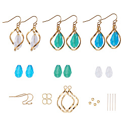 Golden DIY Earring Making, with 304 Stainless Steel Earring Hooks, Iron Jump Ring, Brass Hollow Pendant, Brass Tiny Bead Cones and Glass Beads, Golden, 12x10cm, 68pcs/set