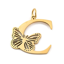 Letter C Ионное покрытие (ip) 201 подвески из нержавеющей стали, письмо с подвесками-бабочками, золотые, буква С, 26.5x26.5x1.5 мм, Кольцо: 7x1 mm, отверстие : 5 мм