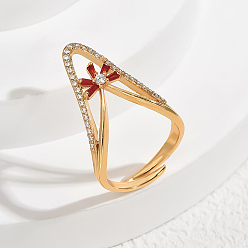 Красный Кольца для женщин с микропаве из латуни и кубическими цирконами, v-образный с цветком, красные, 25 мм, внутренний диаметр: 16мм~18мм