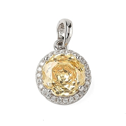 Желтый 925 подвески из стерлингового серебра с паве из кубического циркония, плоские круглые прелести, платина, родий, желтые, 16x13x7 мм, отверстие : 5x4 мм