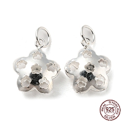 Silver 925 Sterling Silver Pendants, with Jump Rings, Hollow Flower Charms, Silver, 13x11x5mm, Hole: 4mm