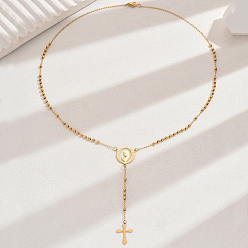 Золотой 201 Женские бусины-четки и крестик из нержавеющей стали с круглыми бусинами, золотые, 21.26 дюйм (54 см)