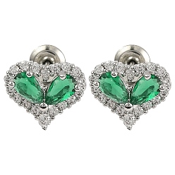 Зеленый Серьги-гвоздики в форме сердца из кубического циркония, стеллаж для латунных украшений для женщин, платина, зелёные, 9.5x11 мм
