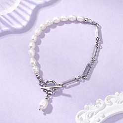 Нержавеющая Сталь Цвет Браслеты из натурального культивированного пресноводного жемчуга, 304 браслеты из нержавеющей стали с цепочками Фигаро для женщин, цвет нержавеющей стали, 7.72 дюйм (19.6 см)