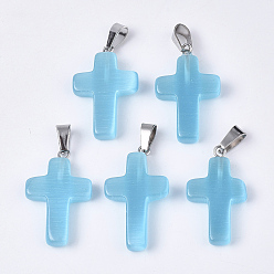 Sky Blue Cat Eye Pendants, with Stainless Steel Peg Bails, Cross, Stainless Steel Color, Sky Blue, 28~30x18x6mm, Hole: 7x3.5mm