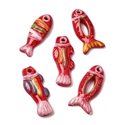 Red Hand-Painted Porcelain Big Pendants, Fish Charms, Red, 64.5~72.5x25~28.5x11.5~12mm, Hole: 4.5mm