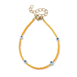 Orange Evil Eye Lampwork & Glass Seed Beaded Bracelet with Real 18K Gold Plated 304 Stainless Steel Clasps, Orange, 6-3/4 inch(17.2cm)