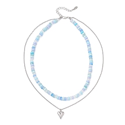 Платина Подвеска в форме сердца из сплава, имитация нефрита, стеклянные рондель-бусины, двухслойные красные ожерелья, голубой, платина, 15.94 дюйм (40.5 см)