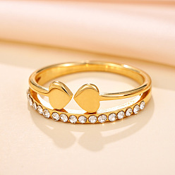 Heart 201 Stainless Steel Rhinestone Finger Rings, Real 18K Gold Plated, Heart, US Size 7(17.3mm)