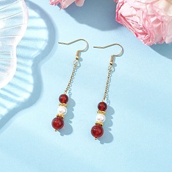 Красный Агат Оболочки жемчужные болтаться серьги, круглые, с сердоликом, золотые, 64.5x8.5 мм