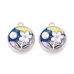 Платина Стойки обшивки сплава эмали подвески, плоские круглые и цветок, с ABS имитации жемчуга, платина, 24x21x6.5 мм, отверстие : 1.8 мм
