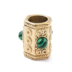 304 Stainless Steel Ионное покрытие (ip) 304 шестигранные призмы из нержавеющей стали, бусины с большим отверстием, с синтетическим малахита, 14.9x13x13.5 мм, отверстие : 7.3 мм