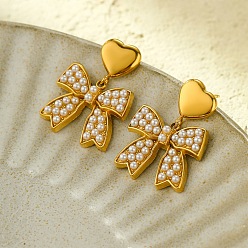 Golden 304 Stainless Steel ABS pearl Stud Earrings, Bowknot with Heart, Golden, 26x19mm