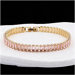 Pink Pulseras de tenis rectangulares de latón con circonitas cúbicas para mujer., dorado, rosa, 7.09 pulgada (18 cm)