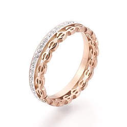 Oro Rosa 304 anillos de dedo del acero inoxidable, con circonita, Oro rosa real plateado, tamaño de 6~9, 16~19 mm