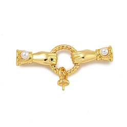 Золотой Реечное покрытие латунь микро паве прозрачный кубический цирконий складные застежки, с искусственным жемчугом из АБС и дужками для чашек, долговечный, без свинца и без кадмия, рука с круглым кольцом, золотые, 18x36x6.5 мм, отверстие : 4 мм