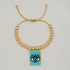 Темно-бирюзовый Браслеты с подвесками из стеклянных бусин ручной работы, латунные круглые бусины плетеные браслеты из бисера для женщин, Прямоугольник с глаз, темные бирюзовый, 7-7/8 дюйм (20 см), внутренний диаметр: 11 дюйм (28 см)