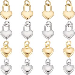 Real Gold Plated & Real Platinum Plated 16 Stück 4 Stil Rack-Beschichtung echt 18 K vergoldet Messing Anhänger, mit Ringe springen, langlebig überzogen, Bleifrei und cadmium frei, Herz-Sperre, echt vergoldet & echt platiniert, 9.5~12.5x7.5~8.5x3.5 mm, Sprungring: 4.6x0.8 mm, 3 mm Innen Durchmesser, 4 Stück / Stil