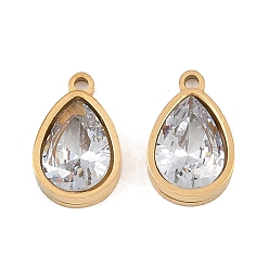 Clear Plated 304 Stainless Steel & Glass Pendants, Teardrop Charm, Faceted, Real 18K Gold Plated, Ion Plating(IP), Long-Lasting Plated, Clear, 10x6x3mm, Hole: 1mm