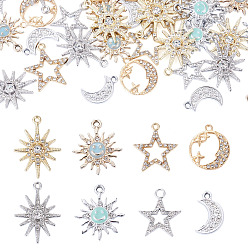 Mixed Color 40Pcs 8 Styles Alloy Rhinestones Pendants, Moon & Star & Sun Charms, Mixed Color, 18~28.5x11.5~21x2~2.5mm, Hole: 1.5~2.3mm, 5pcs/style