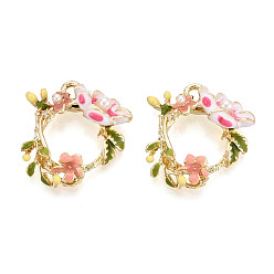 Pink Подвески из эмали, АБС-пластика, искусственного жемчуга и стразов с гальваническим покрытием., , золотые, без кадмия, без никеля и без свинца, розовые, 23x21.5x6.5 мм, отверстие : 2 мм