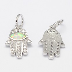 Платина Латунные микро проложить кубического циркония прелести, с синтетическим опалом, рука хамса / рука Фатимы / рука Мириам с конским глазом, платина, 14.5x10x1.5 мм, отверстие : 4 мм