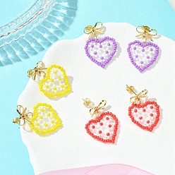 Mixed Color Heart Handmade Glass Seed Beads Dangle Stud Earrings, with Brass Stud Earring Findings, Golden, Mixed Color, 31.5x22mm, 3pairs/set