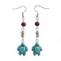 Synthetic Gemstone Synthetic Turquoise Dangle Earrings, with Natural Sandalwood and Alloy Beads, 304 Stainless Steel Earring Hooks, Tortoise, 68mm, Pin: 0.7mm