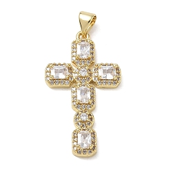 Clear Brass Micro Pave Cubic Zirconia Pendants, Cross Charms, Long-Lasting Plated, Rack Plating, Lead Free & Cadmium Free, Real 18K Gold Plated, Clear, 31x18x4mm, Hole: 5x3mm