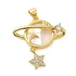 Настоящее золото 18K Покрытие стойки латунь микропаве прозрачные подвески из кубического циркония, с оболочкой, долговечный, без кадмия и без свинца, планета со звездой, реальный 18 k позолоченный, 26.8x25.5x5 мм, отверстие : 3.5x3 мм