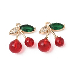 Light Gold Подвески из латуни и стекла с микропаве из кубических цирконий, без кадмия, без никеля и без свинца, вишня, золотой свет, 20.5x18.5x8 мм, отверстие : 1.8 мм