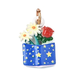Blue Spray Painted Alloy Pendants, with Jump Ring, Book with Daisy & Rose Charms, Golden, Blue, 20.5x14x4.5mm, Hole: 4.5mm