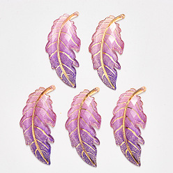 Medium Orchid Transparent Acrylic Big Pendants, with Plated Bottom, Leaf, Medium Orchid, 61.5x27x4mm, Hole: 1.2mm