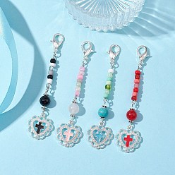 Platine 4 pcs décorations de pendentif en perles de rocaille en verre, avec breloques en forme de cœur en alliage d'émail et pierre précieuse, platine, 86mm, 4 pièces / kit