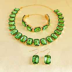 Зеленый лайм Наборы из ожерелий, браслетов и серег из сплава и стекла с прямоугольными звеньями, золотые, зеленый лайм, 475 мм