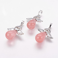 Стеклянный Камень Арбуза Арбуз камень стеклянные подвески, с латунной фурнитурой , окрашенные, ангел, платина, 36~38x29x13 мм, отверстие : 5x8 мм